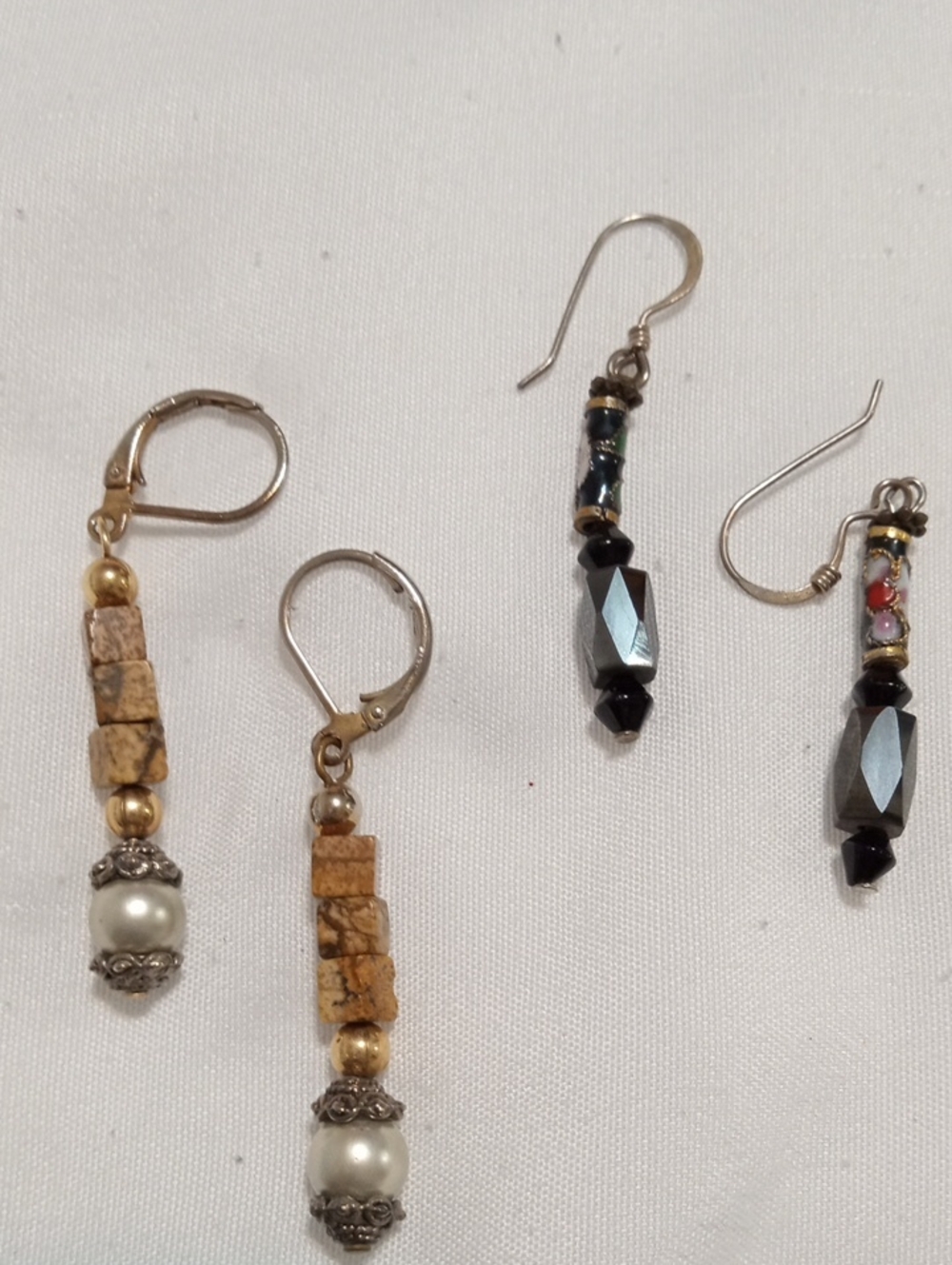 2 Pair Of Earrings - Gold and Pearl Beaded  Earrings - Dark Stones Drop Earrings